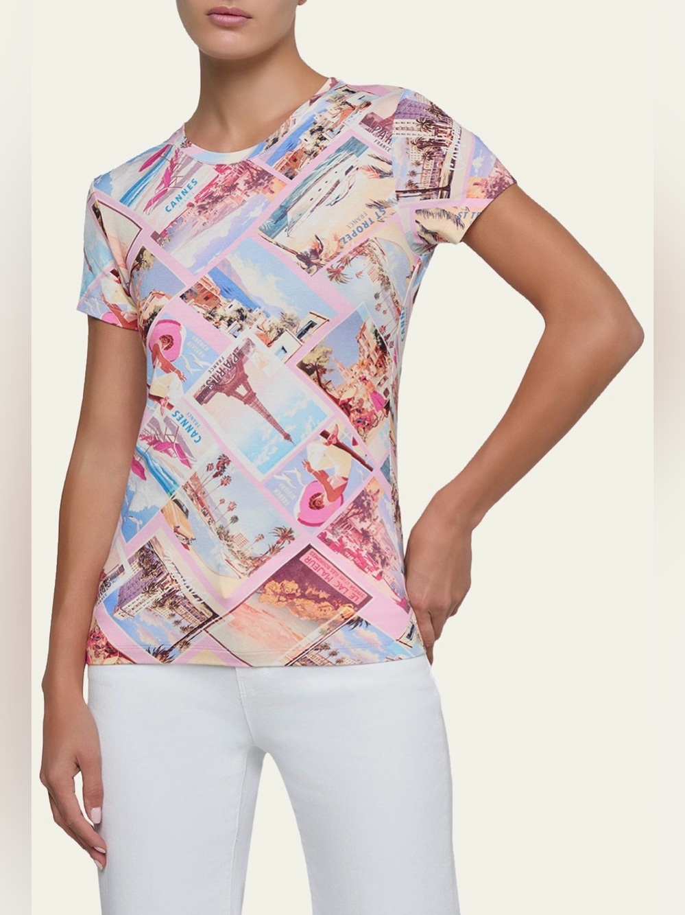 L'AGENCE Ressi Short-Sleeve Postcard Tee in Pink and Light Blue